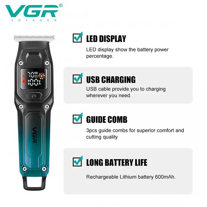 Триммер мужской VGR V 964, аккумуляторный для бороды и усов, с насадками, синий - фото 2