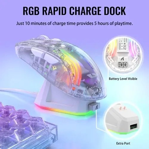 Миша бездротова Attack Shark X2 Pro + док-станція, Transparent White, Bluetooth 5.2 / USB 2.4GHz / Type-C, оптична (сенсор PixArt PAW3212), 1200 - 4000 dpi, RGB підсвічування, 5 кнопок, акумулятор 800 mAh - фото 3