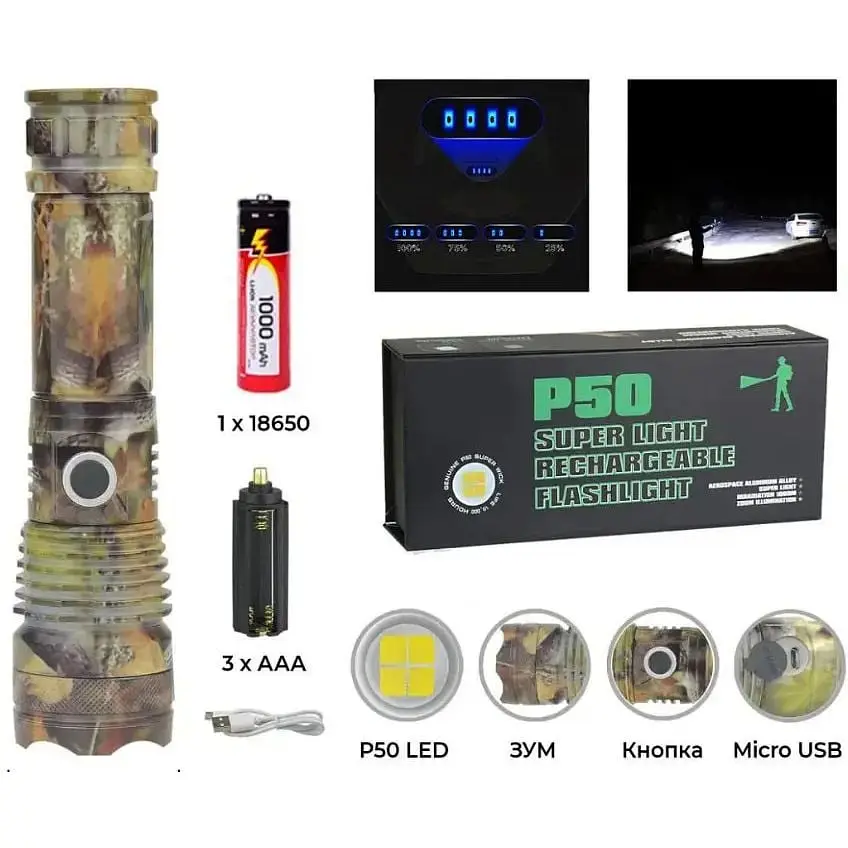 Ручний ліхтар RB-263 протиударний акумуляторний із зумом Zoom P50 18650 або 3xAAA Micro-USB Зелений - фото 3