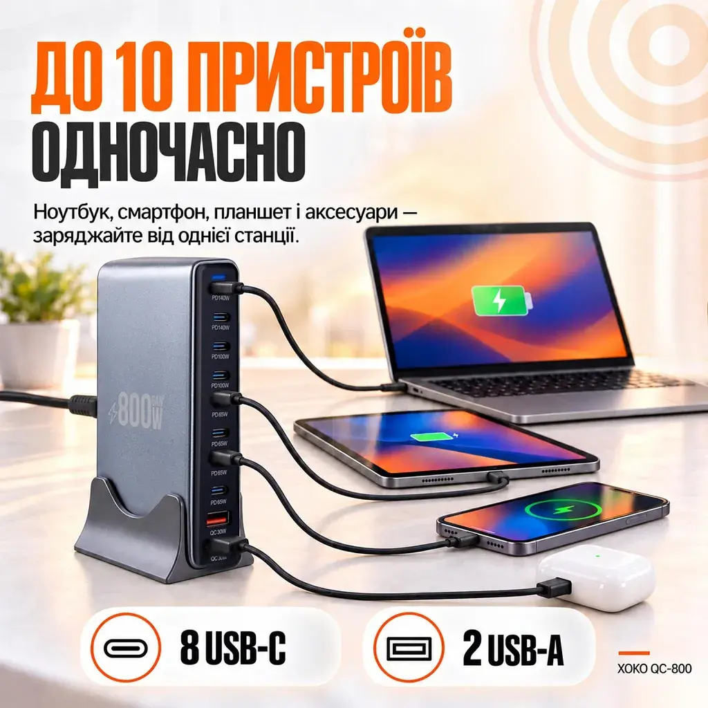 Зарядний пристрій XoKo 8xUSB-C PD 65 - 140W + 2xUSB QC30W GaN3 800W (XK-QC-800) - фото 10