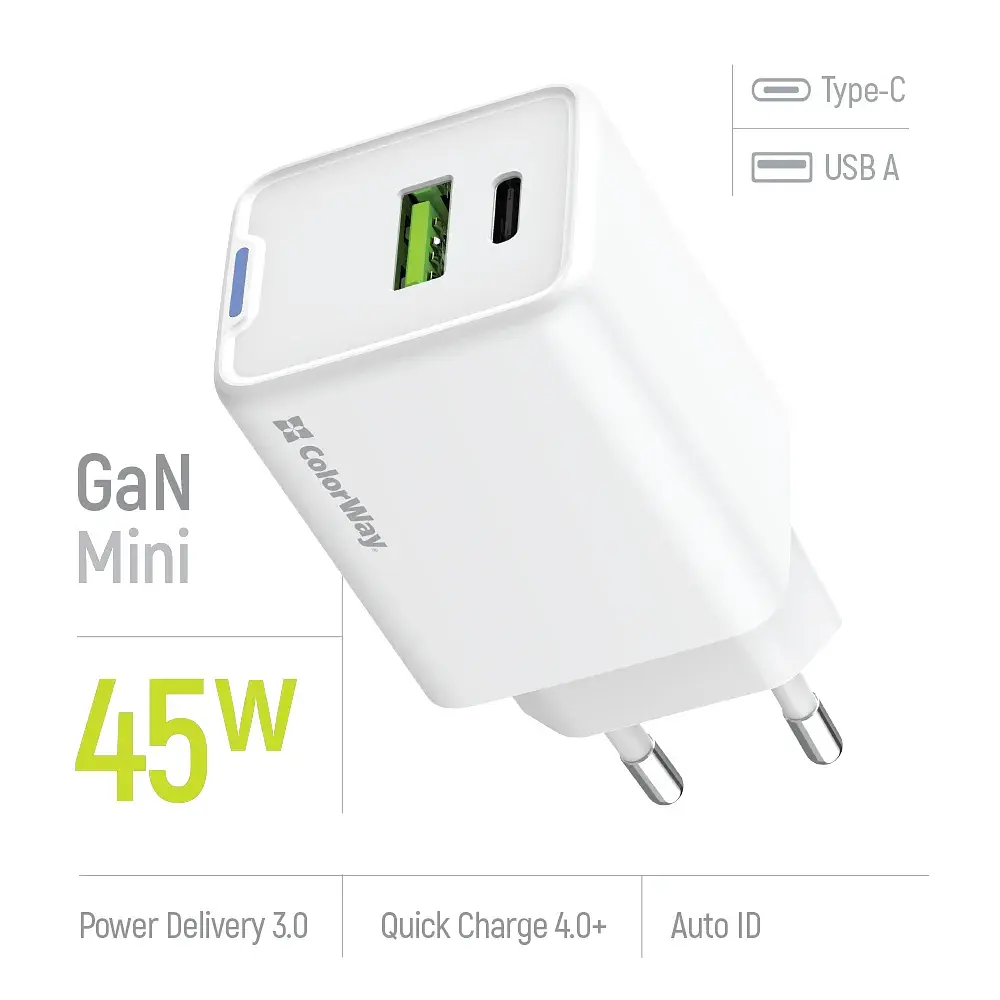 Зарядний пристрій ColorWay C101E GaN Mini 45W PD PPS USB-C + USB-A QC4.0 white (CW-CHS060PD-WT) - фото 6