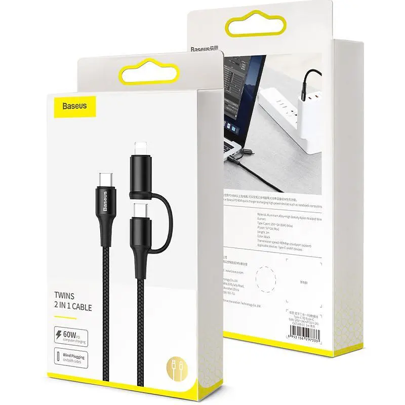Кабель Baseus Twins Cable Type-C to Type-C 60W (20V/3A)+iP(5V/2A) 1m CATLYW-01 Black - фото 2