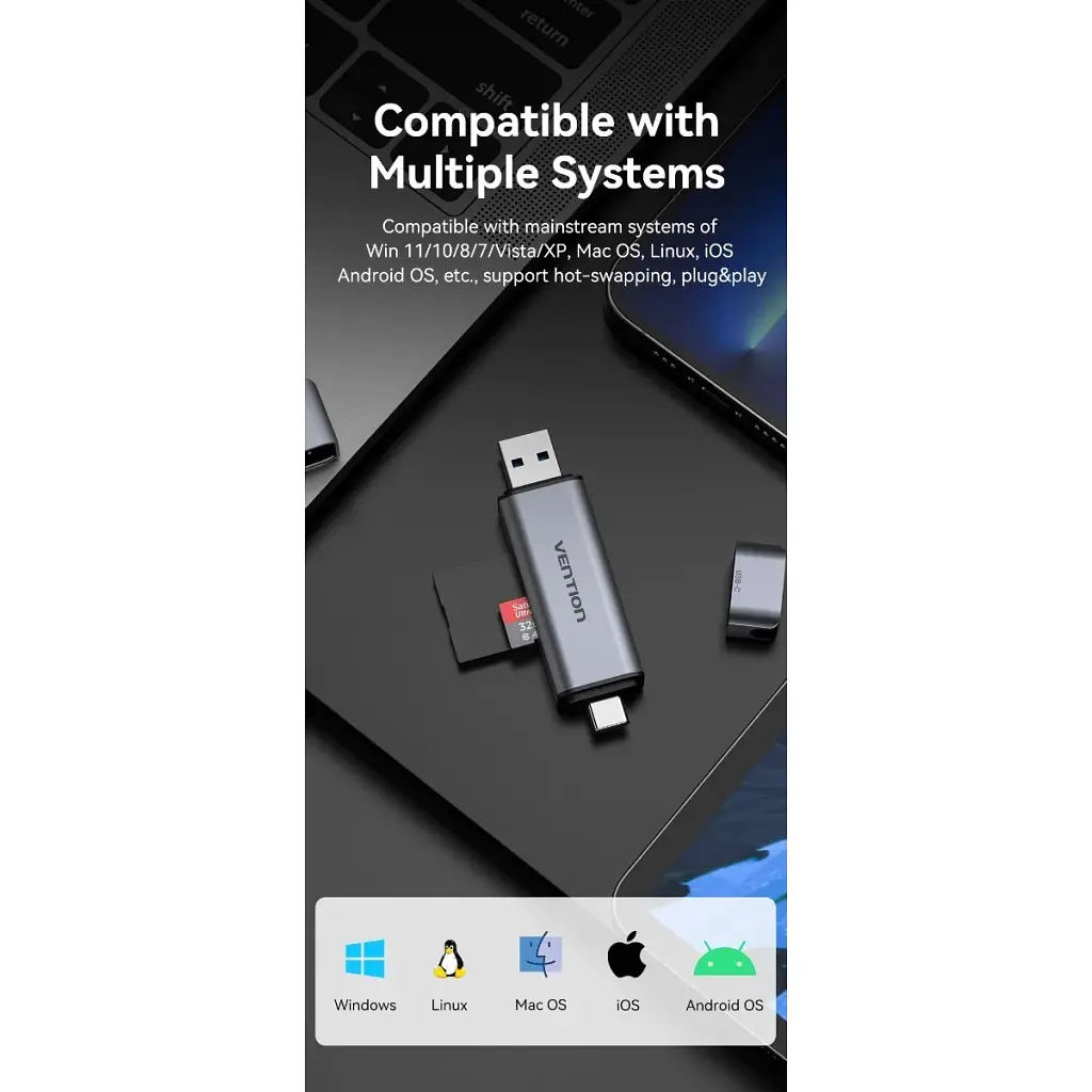 Считыватель флеш-карт Vention USB 3.0 AM/USB-C to SD+TF Gray Dual Drive Letter Aluminum Alloy (CLLH0) - фото 8