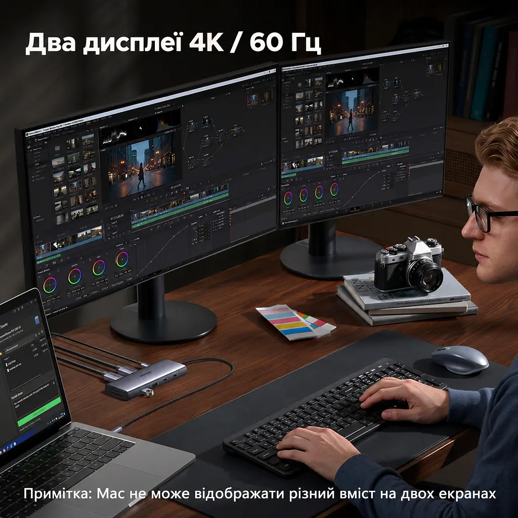 Док-станція USB-C UGREEN Revodok Pro CM498A 9-в-1 2 HDMI до 4K 60 Гц на двох моніторах потрібен USB-C з DisplayPort і достатньою пропускною здатністю Windows різні зображення macOS лише однакові 2 USB-C та 1 USB-A до 5 Гбіт/с і 1 USB-A до 480 Мбіт/с вхід USB-C PD 3.0 до 100 Вт наскрізне заряджання ноутбука до 85 Вт потрібні окремі блок живлення й кабель до входу PD SD/microSD до 170 МБ/с вбудований кабель близько 40 см сіро-чорна (85774) - фото 11