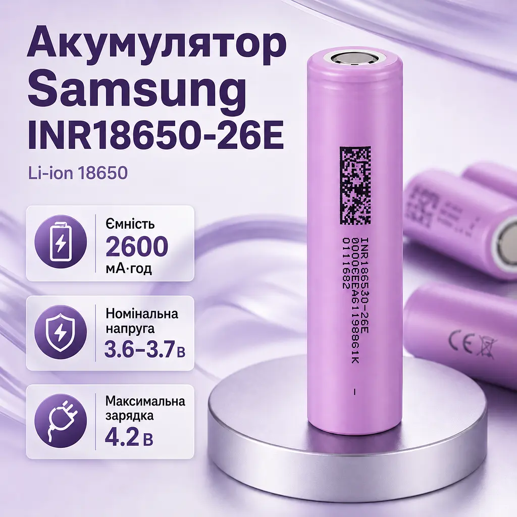 Акумулятор Samsung INR18650-26E 18650 Li-ion 2600 мА·год 3,6–3,7 В до 5,2 А без приварених пластин - фото 2