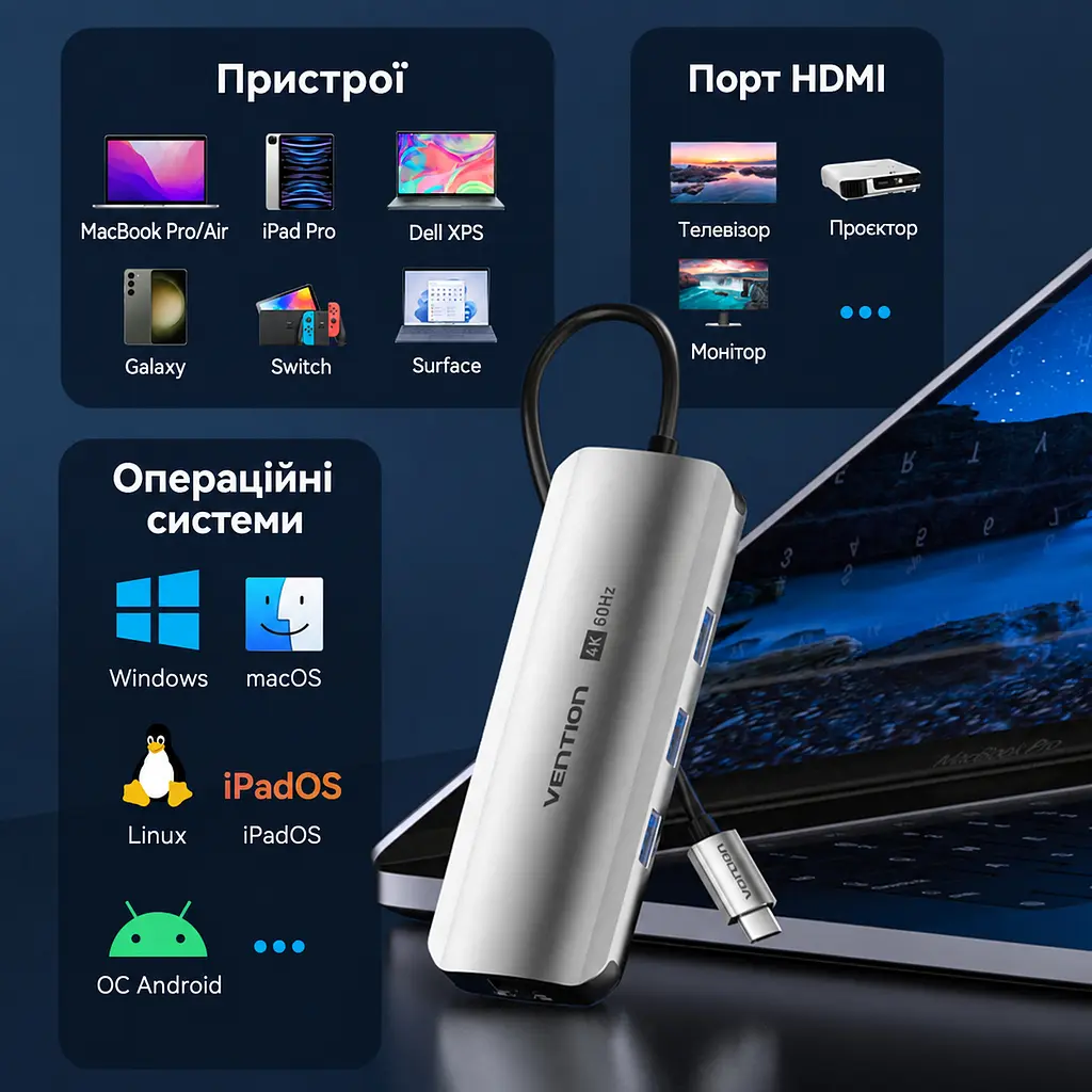 Док-станція USB-C хаб Vention 8-в-1 HDMI до 4K 60 Гц 3 USB 3.0 для даних до 5 Гбіт/с Gigabit Ethernet RJ45 до 1000 Мбіт/с SD/TF читання або запис лише однієї карти за раз вхід PD для зовнішнього живлення й наскрізного заряджання хоста до 100 Вт потрібні блок живлення USB-C PD на вході PD та підтримка PD хостом HDMI потребує USB-C хоста з DP Alt Mode сумісність із Thunderbolt 3/4 вбудований кабель USB-C 0,15 м сірий (TQKHB) - фото 10