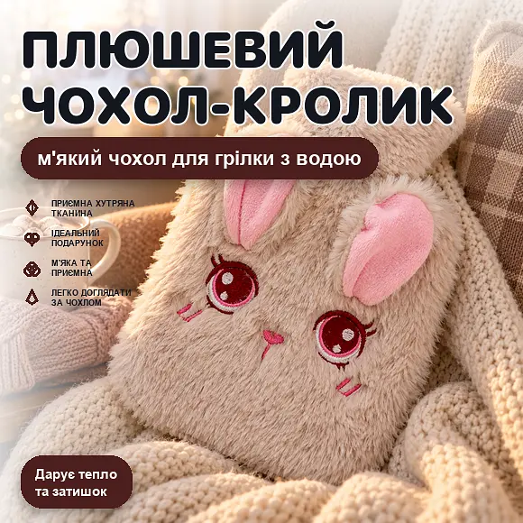 Грілка плюшева для рук Кролик з великими очима - м'який чохол для грілки з водою - фото 2