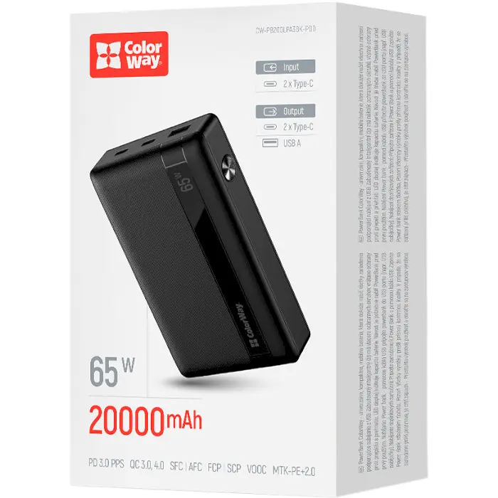 Повербанк ColorWay 20000 mAh 65W Black (CW-PB200LPA3BK-PDD) - фото 6