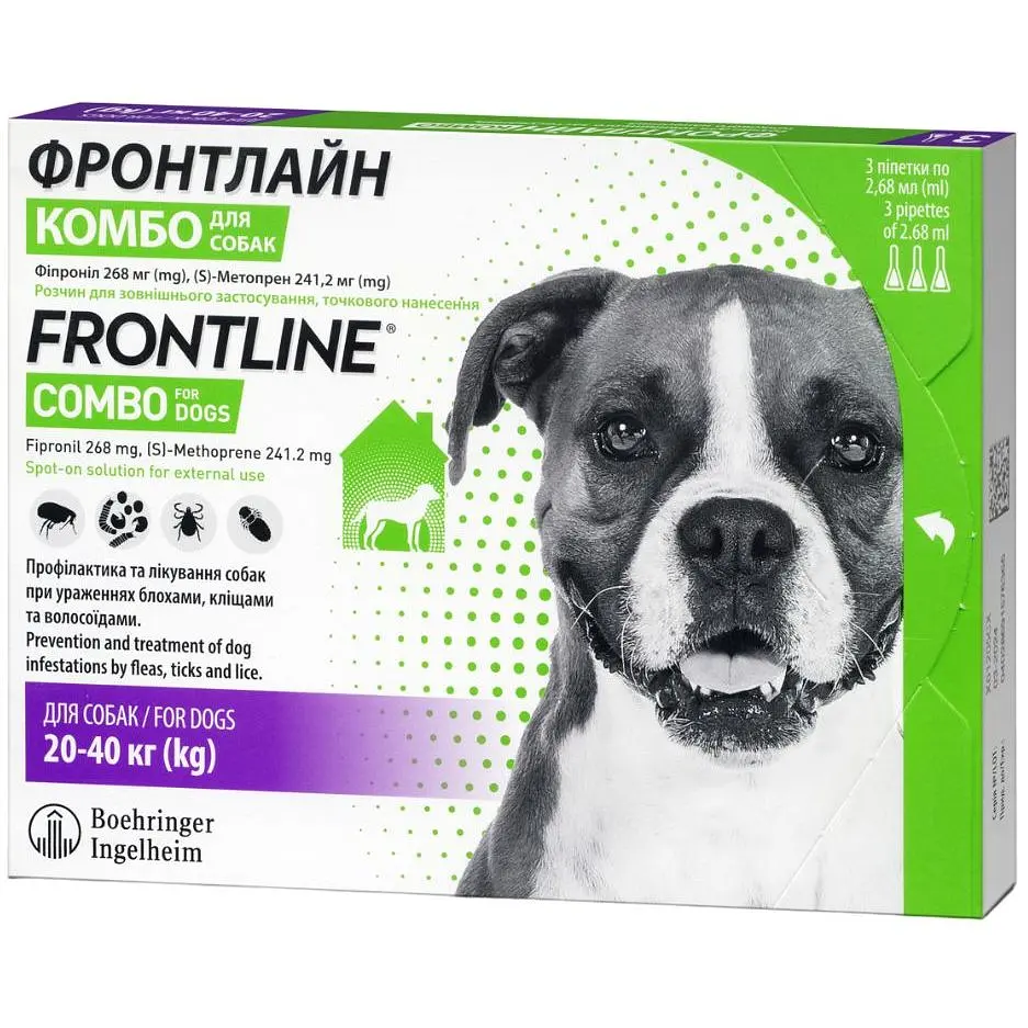 Краплі Boehringer Ingelheim Frontline Combo від бліх та кліщів для собак 20-40 кг 8.04 мл (3 шт. х 2.68 мл) (159919) - фото 2