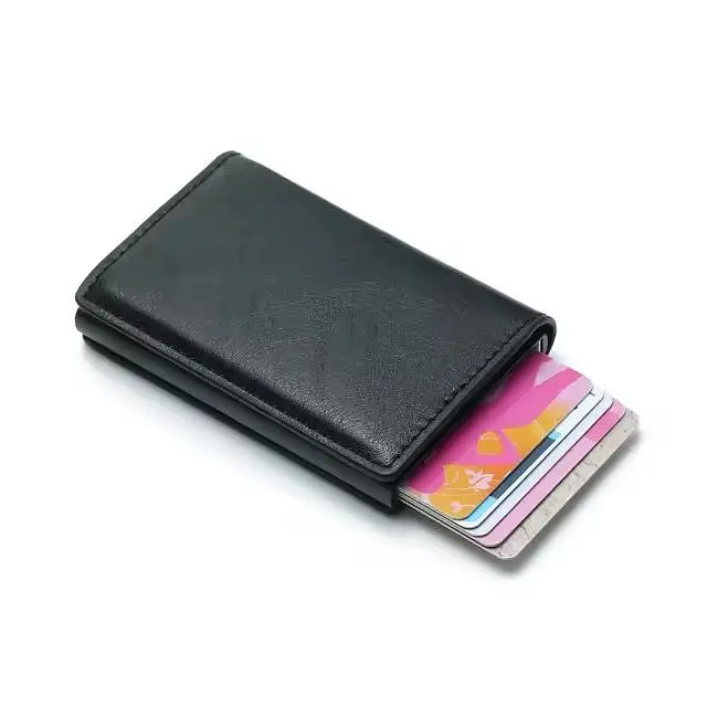 Тонкий кожаный картхолдер-кошелек для карточек и денег, RFID защищен, черный (769058972578) - фото 2