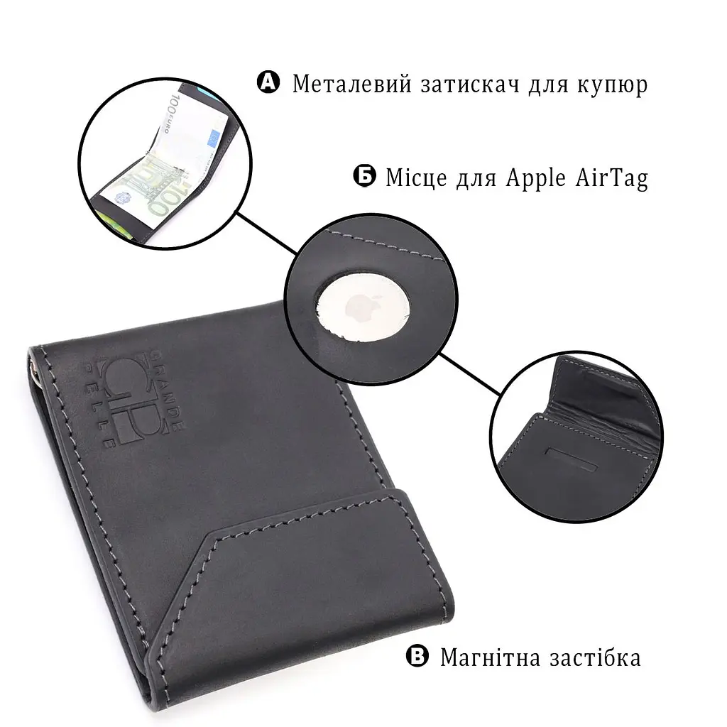 Компактний шкіряний затискач для грошей з утримувачем для Apple AirTag Grande Pelle 11617 чорний - фото 4