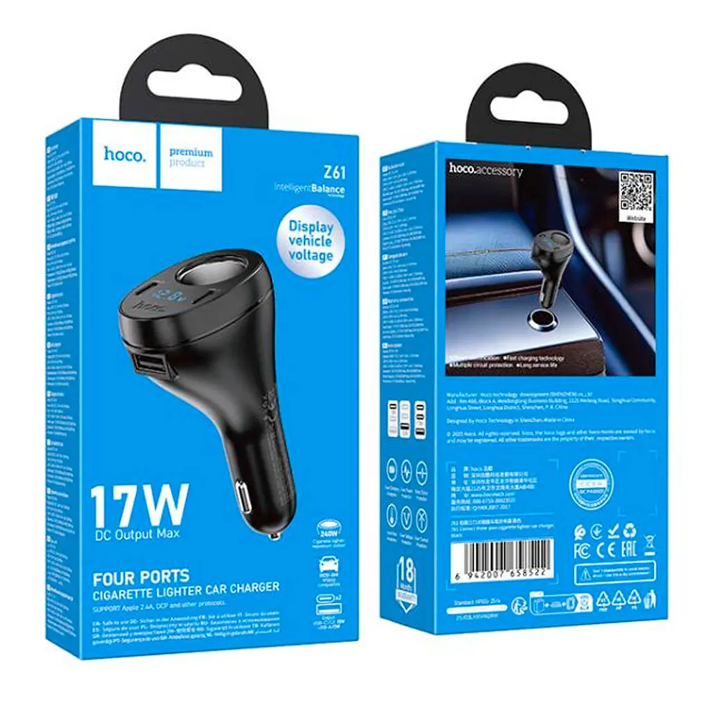 АЗП Hoco Z61 Correct three-port cigarette lighter car charger Black - фото 2