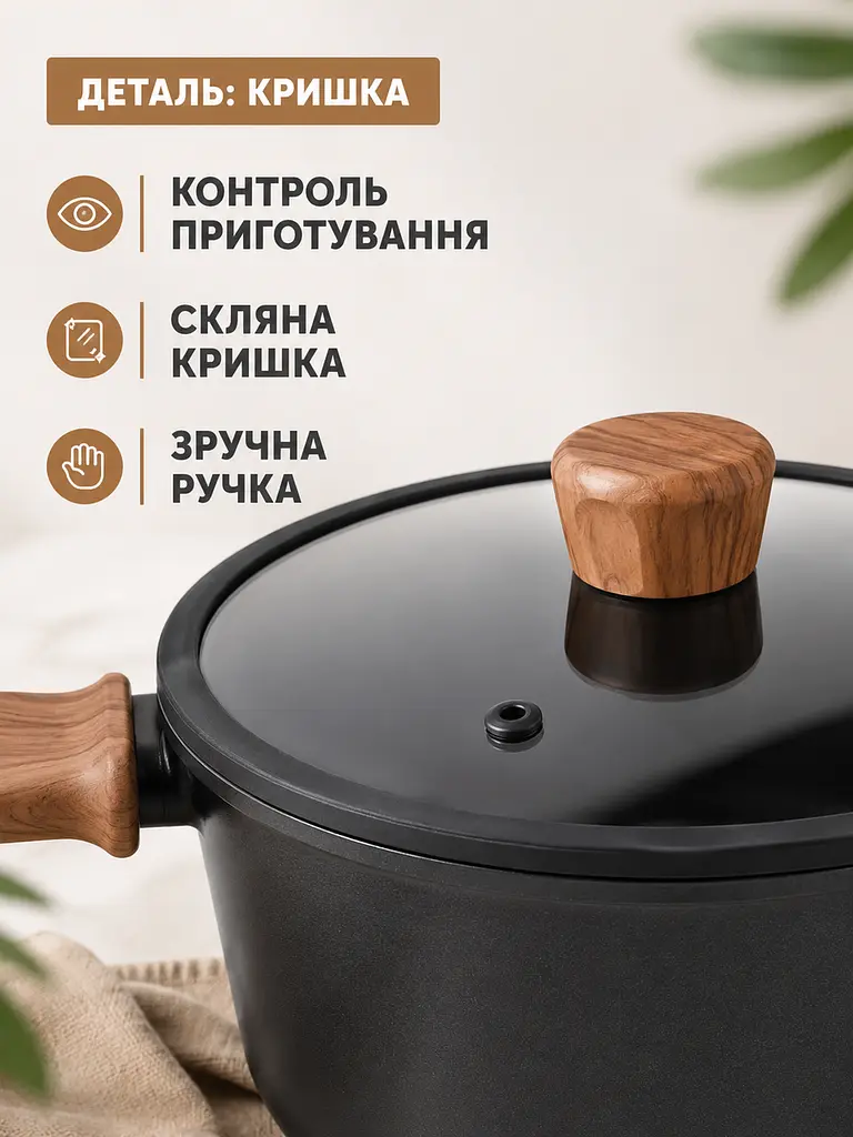 Набір посуду антипригарний чорний 9 предметів для індукції, каструля 24 см, сковороди 20/24 см (49676226) - фото 6