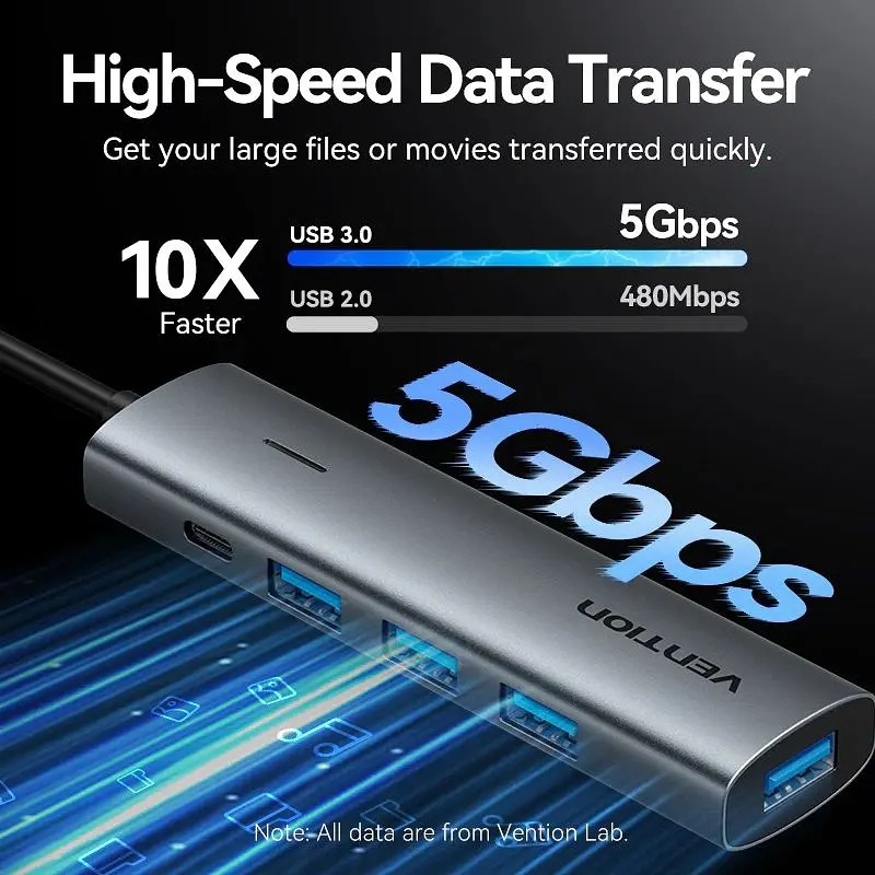 Хаб USB Vention 3.0 Type-C -> 4xUSB 3.0/1xUSB-C 5Gbps Black (TGZHB) - фото 4