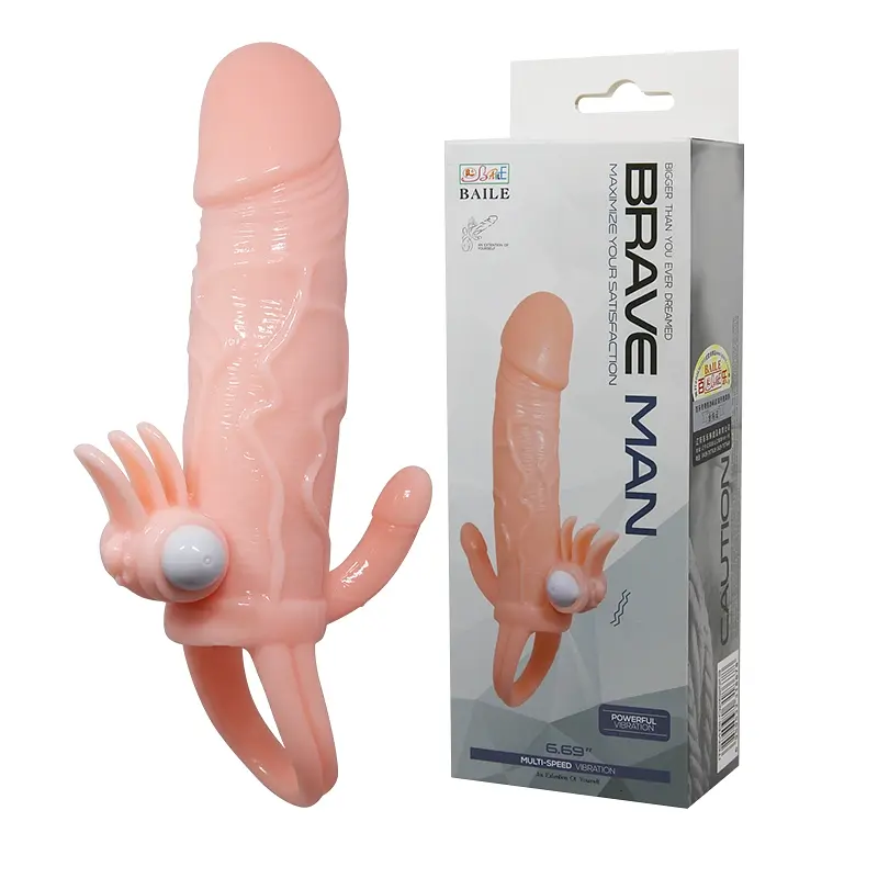 Насадка на пеніс із вібрацією Lybaile Brave Men Vibrating Sleeve Flesh, +3 см (тілесний) - фото 8
