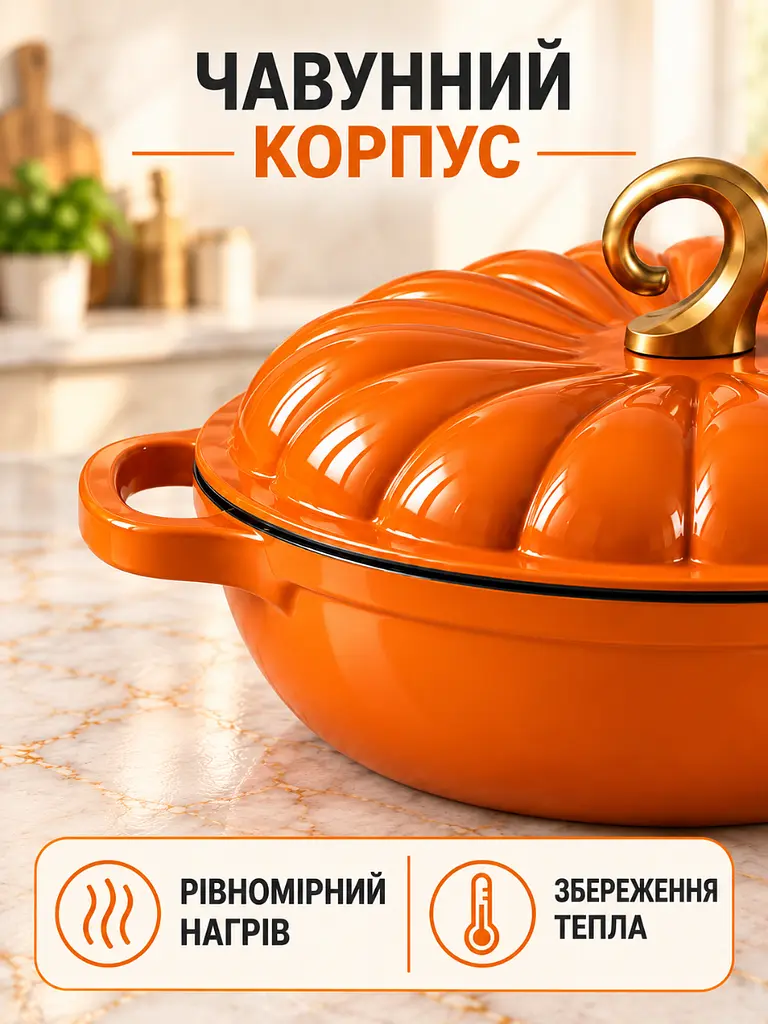 Сотейник з кришкою чавунний емальований 28 см 4 л помаранчевий (37261551) - фото 7