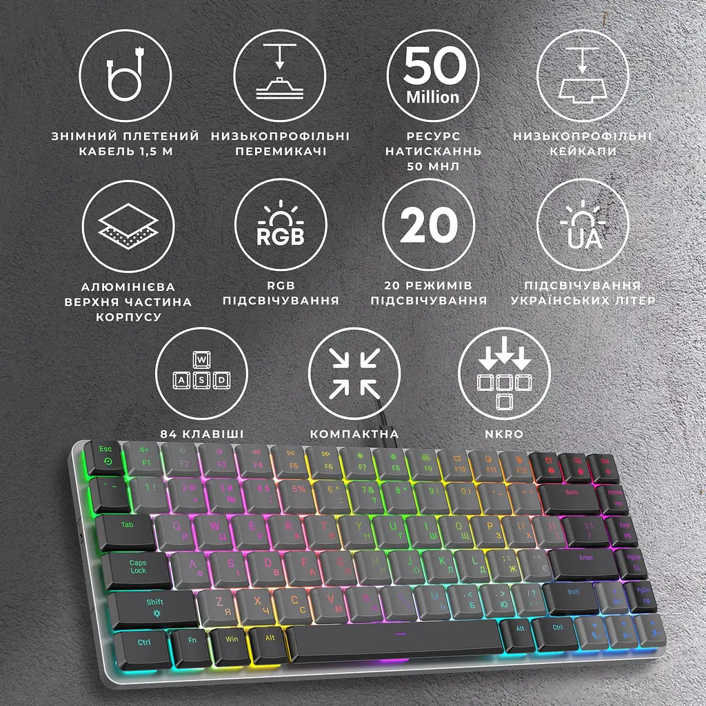 Клавиатура GamePro Red Swich Low Profile RGB USB Dark Gray проводная (MK141R) - фото 12