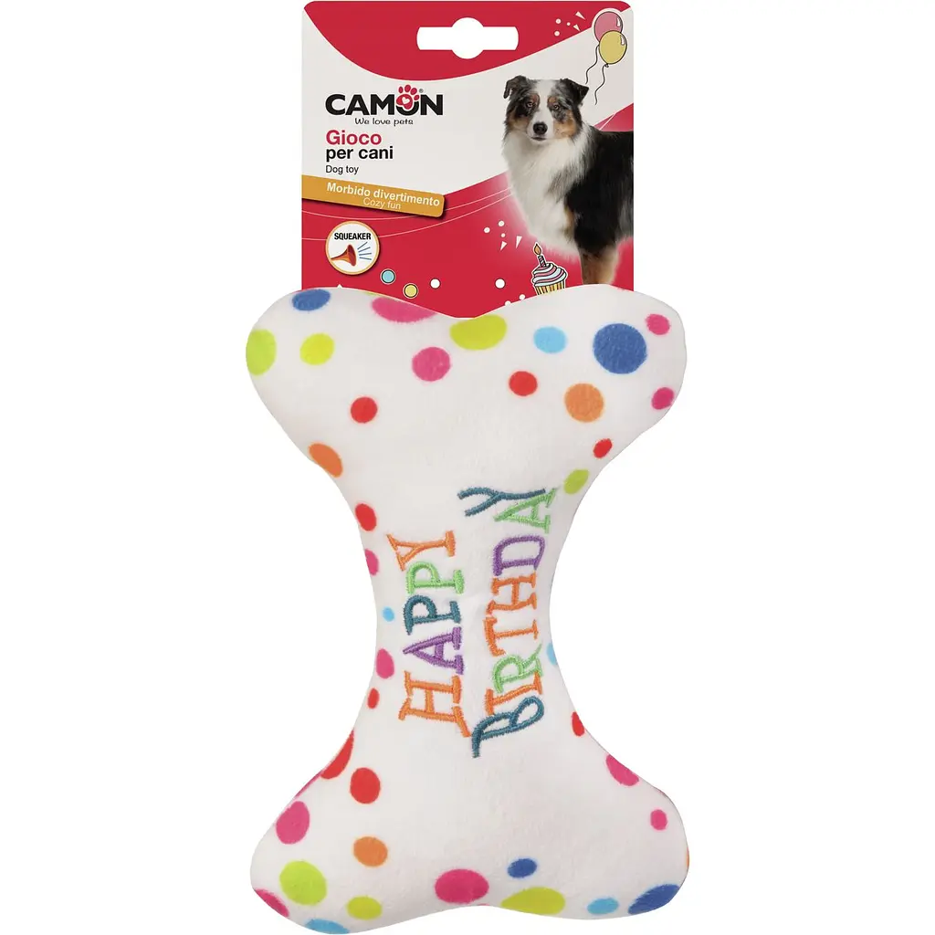Игрушка для собак Camon Кость Happy Birthday с пищалкой 18 см - фото 2