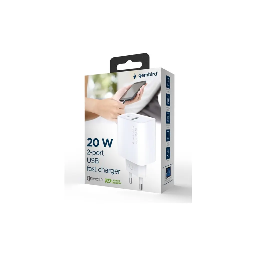 Зарядний пристрій Gembird USB-A + Type-C (PD20W + QC3.0 18W) white (TA-UC-PDQC20-01-W) - фото 6