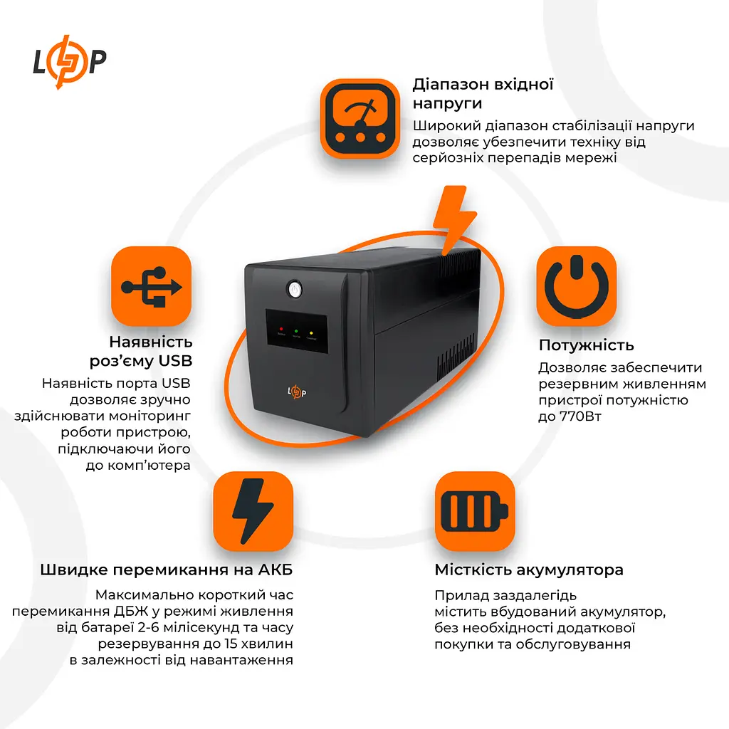 Лінійно-інтерактивне ДБЖ LPM-U1100VA-P (770Вт) - фото 2