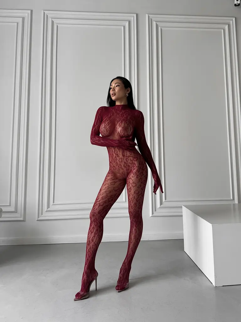 Бодістокінг жіночий закритий у леопардовий принт бордовий S/M/L - фото 2