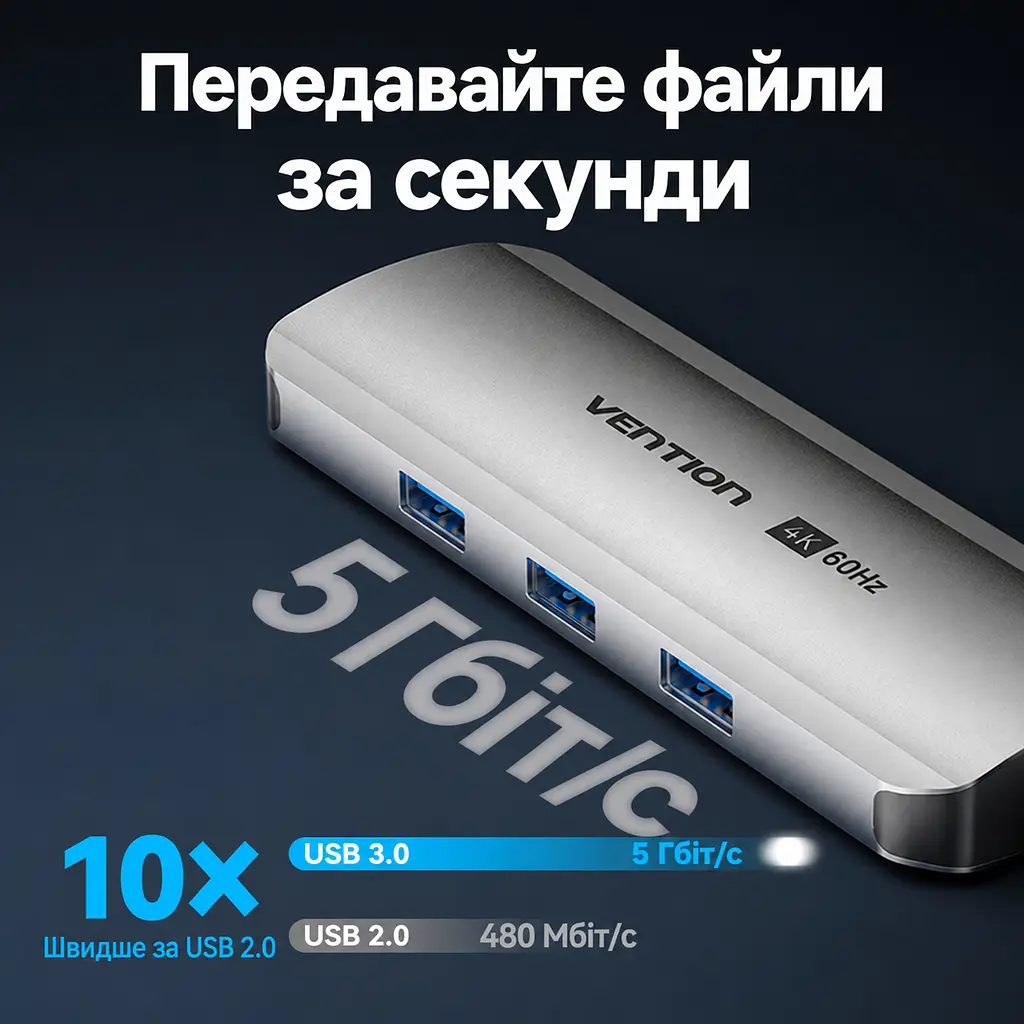 Док-станція USB-C хаб Vention 8-в-1 HDMI до 4K 60 Гц 3 USB 3.0 для даних до 5 Гбіт/с Gigabit Ethernet RJ45 до 1000 Мбіт/с SD/TF читання або запис лише однієї карти за раз вхід PD для зовнішнього живлення й наскрізного заряджання хоста до 100 Вт потрібні блок живлення USB-C PD на вході PD та підтримка PD хостом HDMI потребує USB-C хоста з DP Alt Mode сумісність із Thunderbolt 3/4 вбудований кабель USB-C 0,15 м сірий (TQKHB) - фото 6