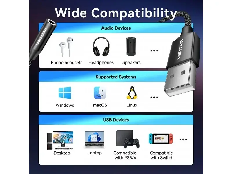 Звукова карта Vention 2 в 1 USB - AUX jack TRRS Ear DSP 0.25 м (CVEBC) - фото 6