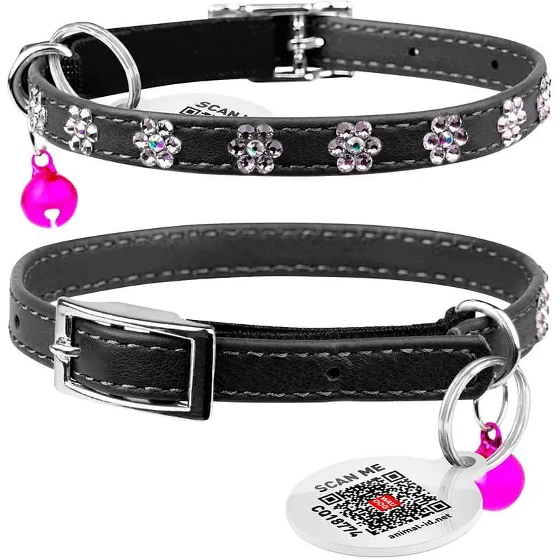 Ошейник для кошек Waudog Glamour Цветочек, кожаный, с эластичной вставкой, со стразами, 22-30х0,9 см, черный - фото 3