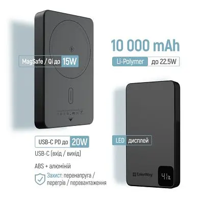 Батарея універсальна ColorWay 10 000 mAh PD/22.5W, 15W MagSafe Black (CW-PB100LPA1BK-WPDD) - фото 7