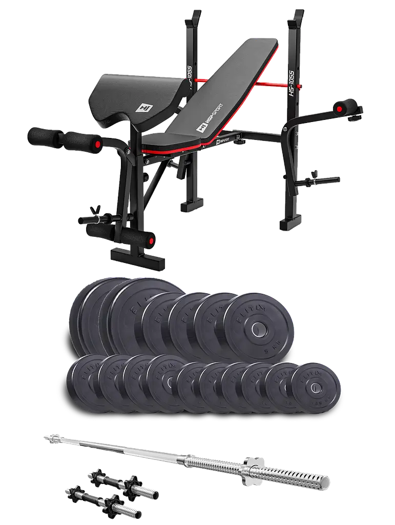 Набір Elitum Titan 68кг з лавою HS-1055 Pro, штангою та гантелями