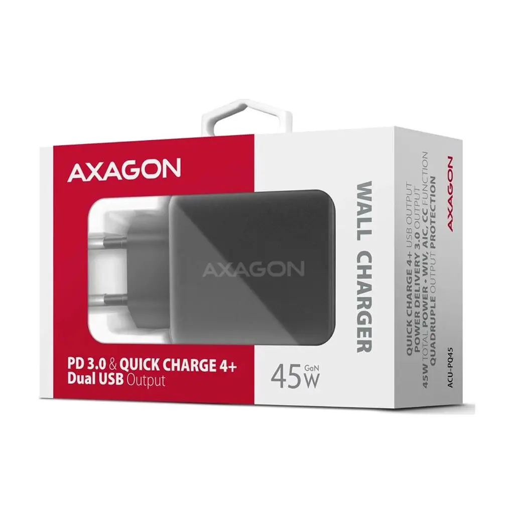 Зарядний пристрій AXAGON 1xUSB QC4.0 + 1xUSB-C PD45W PPS black (ACU-PQ45) - фото 3