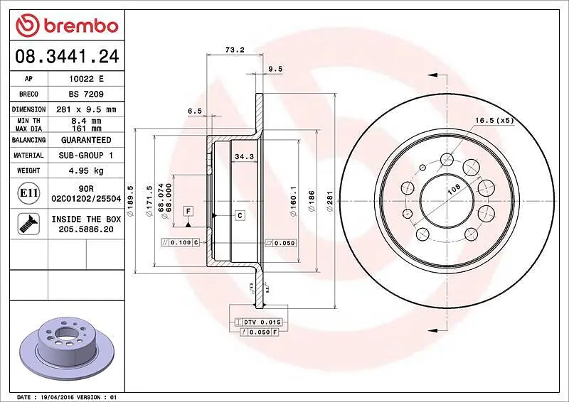 Диск гальмівний задній Volvo 780, 940 II, 240, 760, 740, 260, 960 II, 74-98р Brembo (08.3441.24) - фото 2