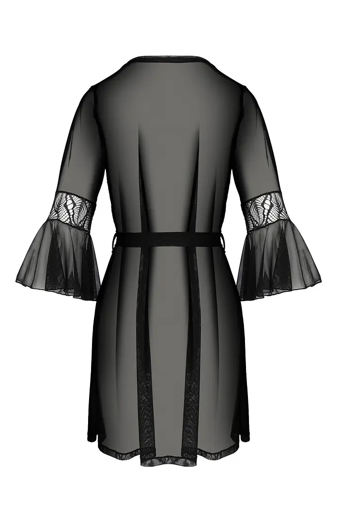 Пеньюар Passion LEAFA PEIGNOIR black S/M, довжина трохи вище коліна, широкі рукави, зав'язується на пояс - фото 4