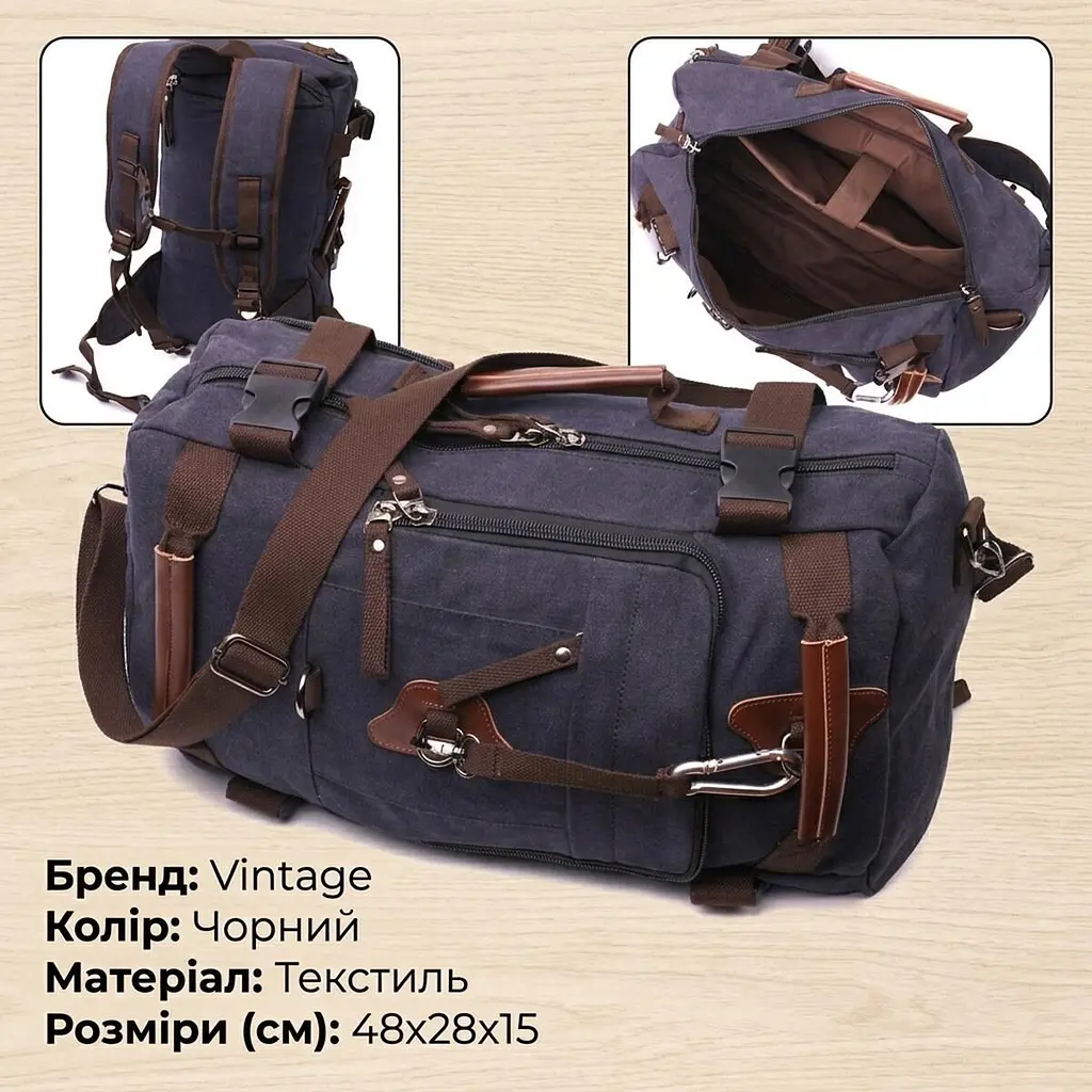 Великий рюкзак-трансформер у стилі мілітарі із щільного текстилю Vintage 22157 чорний - фото 3