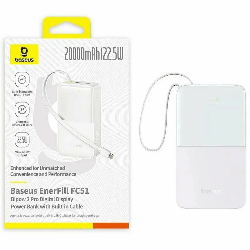 Портативний ЗП Power Bank Baseus EnerFill FC51 Bipow2 Pro 22.5W 20000 mAh (E00277) White - фото 3
