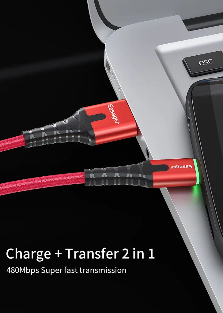 Зарядний кабель з підсвічуванням червоний ESSAGER micro USB 2.4 A 1метр - фото 3