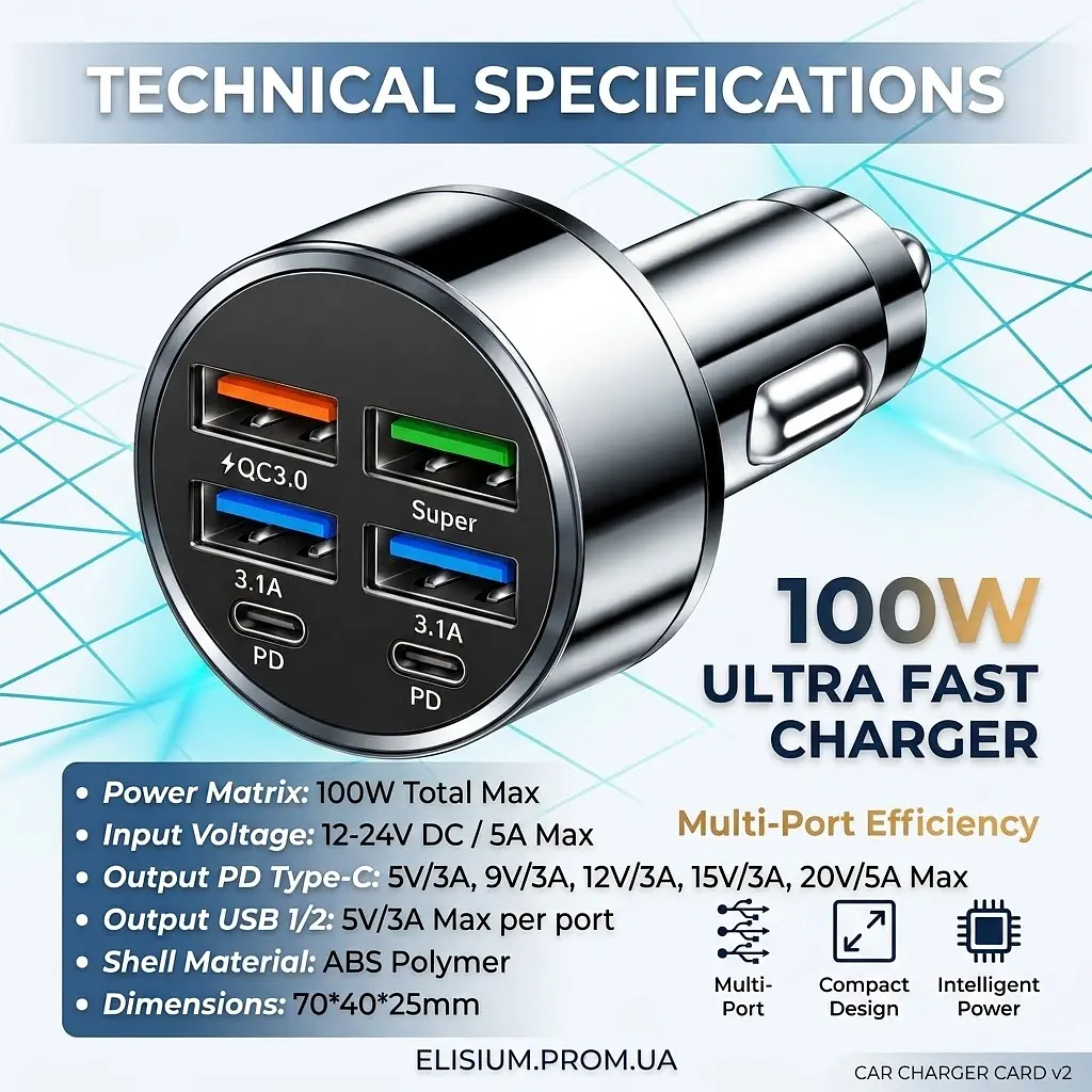 Автомобільний зарядний пристрій 6-в-1 PowerHub 100Вт (4USB + 2PD) - фото 12