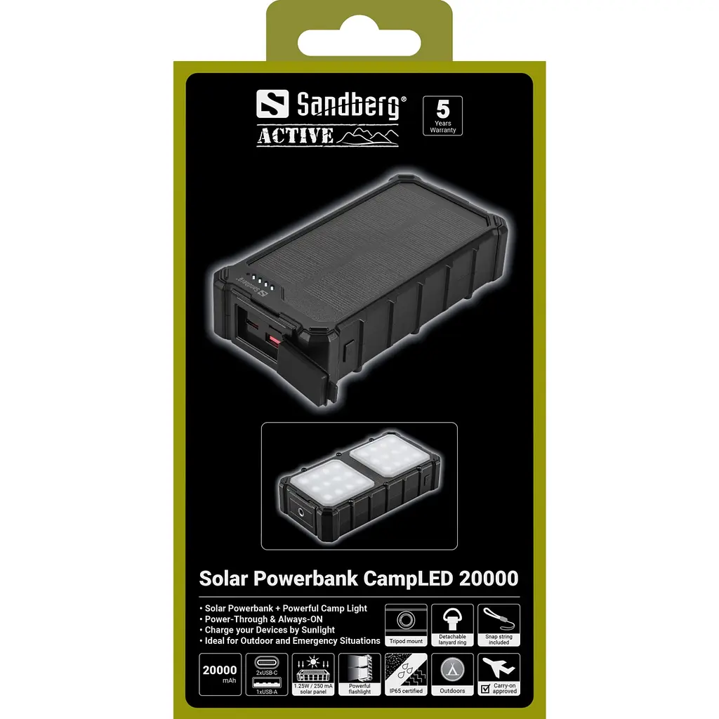 УМБ сонячна Sandberg 20000mAh 22,5W PD Solar Powerbank CampLED, USB-A,2xUSB-C In/Out, Powerful light - фото 7
