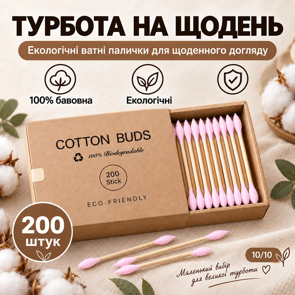 Ватні палички бамбукові двосторонні 200 шт, із загостреним та округлим наконечником, у картонній упаковці KT9003702 - фото 9
