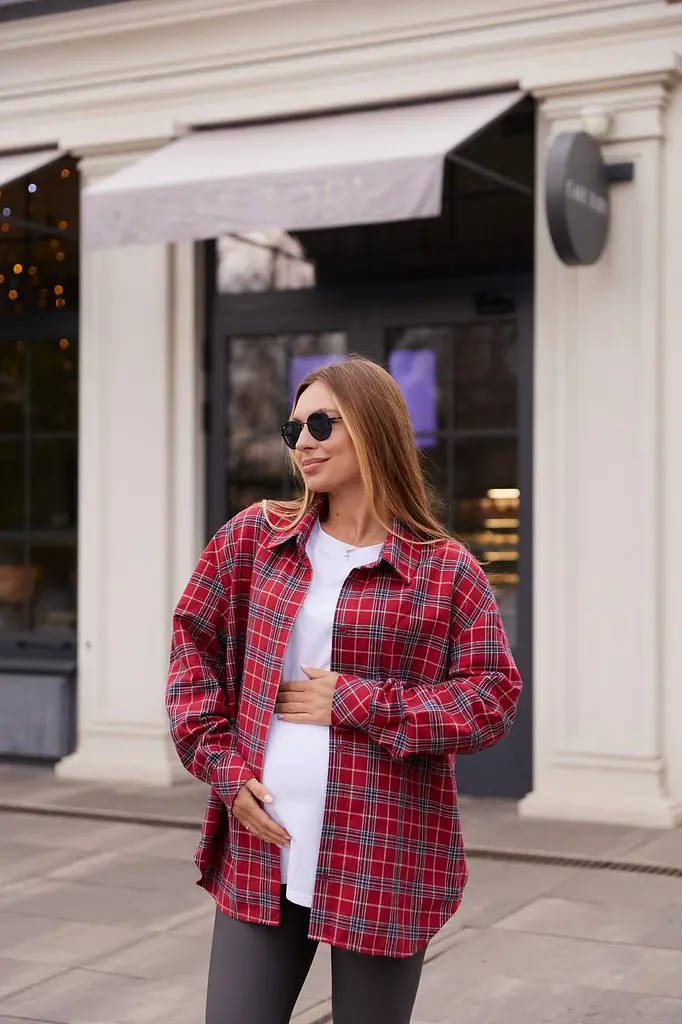 Женская рубашка для беременных стиля oversize в клетку для будущих мам Siena L - XL (46 - 48) Lullababe красный - фото 7