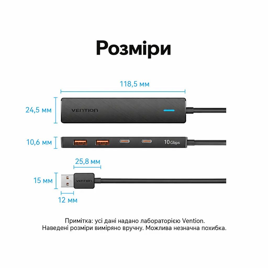 USB-хаб Vention USB 3.2 Gen 2 штекер USB-A к хосту 2 USB-A и 2 USB-C для данных все 4 порта работают одновременно до 10 Гбит/с при поддержке хостом и периферией телефон как хост требует OTG и соответствующего OTG-переходника Windows Linux macOS Android iOS iPadOS без драйверов отдельный вход USB-C 5 В 2 А только для питания хаба без данных LED-индикатор защита от перегрузки короткого замыкания и обратного тока встроенный кабель 0,15 м чёрный (CHSBB) - фото 6