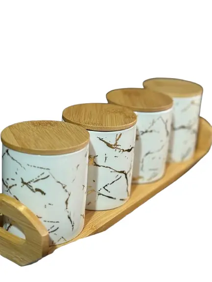 Набір банок для сипучих продуктів Cozy HP266 кераміка на дерев'яній підставці 4 предмети 500 мл Білий мармур - фото 4