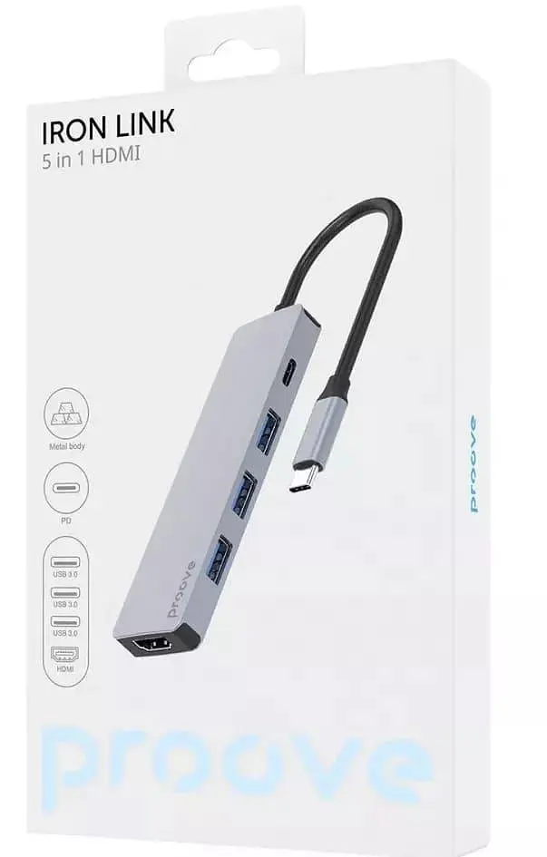 USB-Хаб Proove Type-C-Хаб Iron Link 5 in 1 (3*USB3.0 + Tyce C + HDMI) silver (HBIL00010604) - фото 3