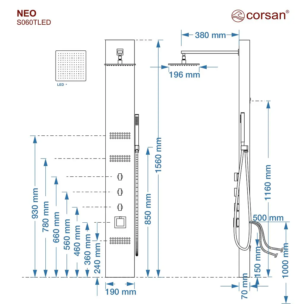 Душова панель Corsan Neo black LED з термостатом S060TBLLED, Чорний матовий - фото 2