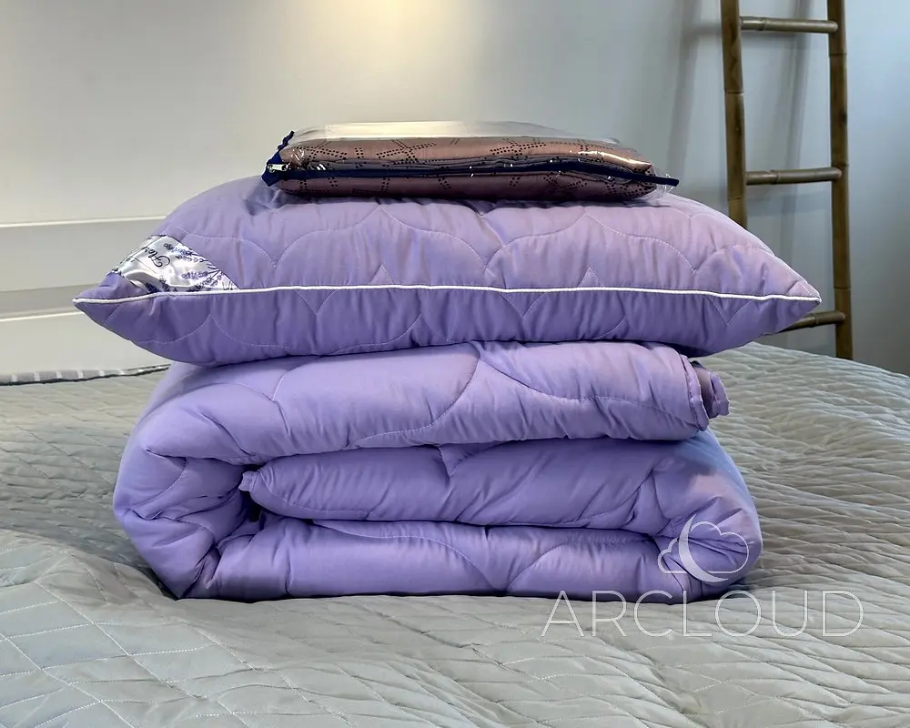 Ковдра зимова ArCloud Floral Lavander 140*205 у сумці + подушка з кантом ArCloud Floral Lavander 50*70 у сумці + постільна білизна LARA бязь полуторна модель на вибір