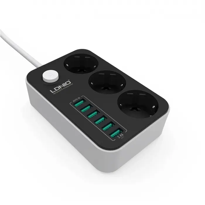 Мережевий фільтр подовжувач чорний 3 розетки з 6 USB 2м із захистом із заземленням LDNIO SE3631 2500W 10A - фото 5