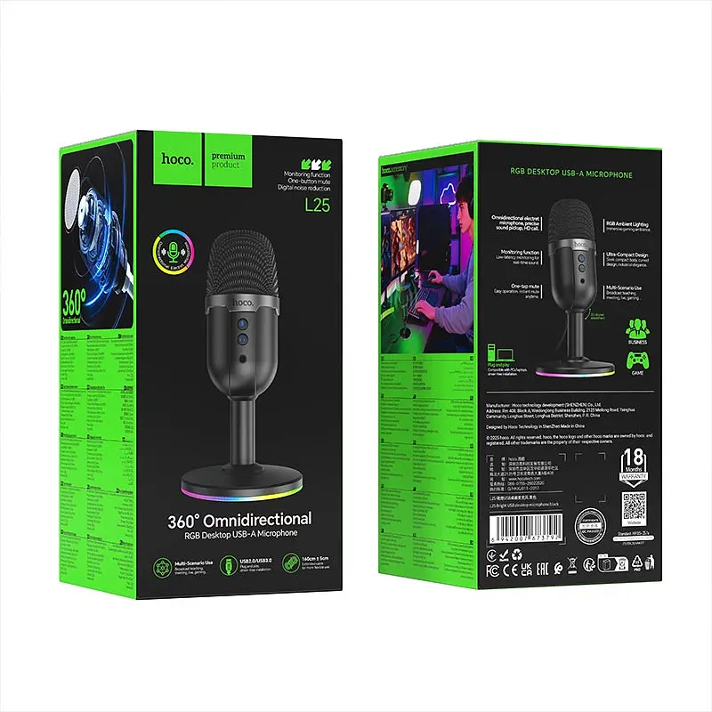 Настільний мікрофон HOCO L25, кабель 1.6м, Black, BOX - фото 5