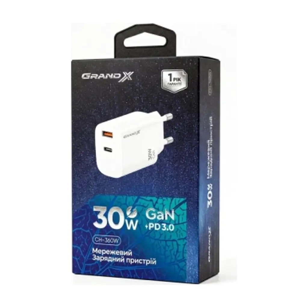 Зарядний пристрій Grand-X GaN 1xUSB-C + 1xUSB QC3.0 36W white (CH-360W) - фото 2