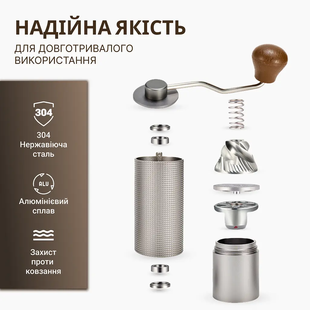 Кавомолка ручна ViO CM-02H зі сталевими жорнами та регулюванням ступеня помелу, срібляста - фото 5