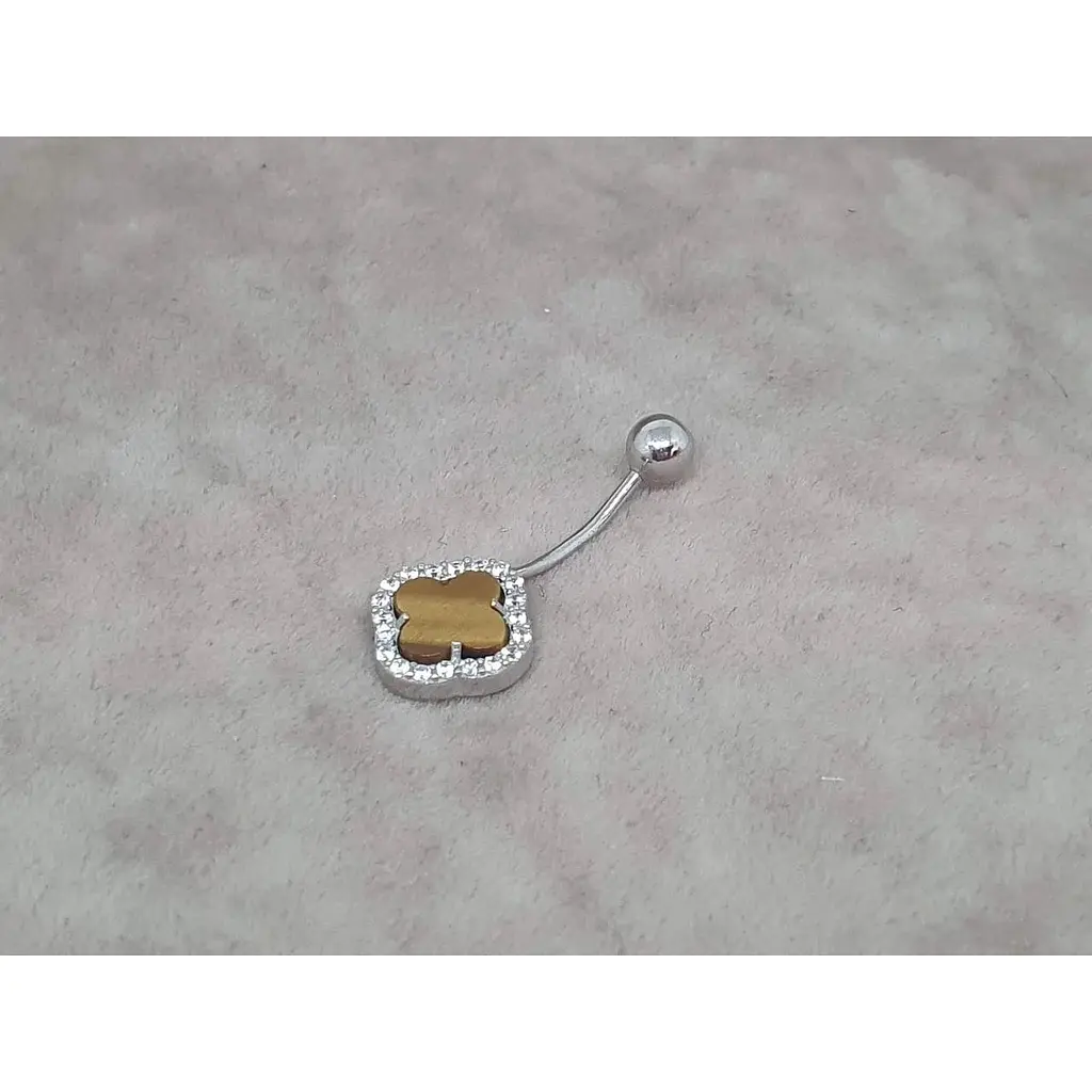 Серебряная серьга для пирсинга пупка Ирий Клевер с тигровым глазом. 6025.5 - фото 2